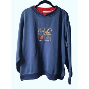 Vintage Navy Blue Fall Motif Sweatshirt with Embroidered Design Double Collar 2X